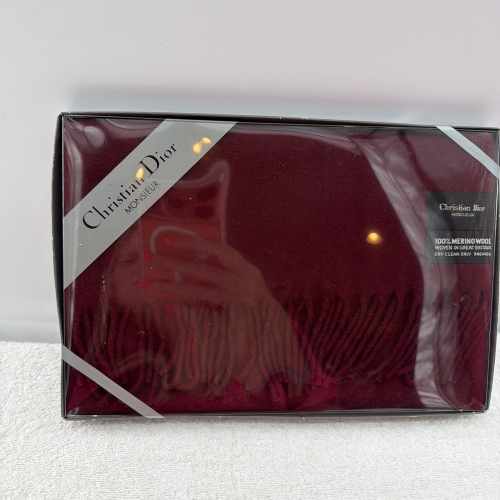 VTG Christian Dior Monsieur Merino Wool Scarf NIB Made In Great Britain Burgundy